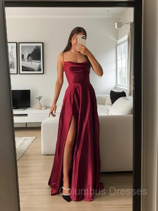 A-Line/Princess Spaghetti Straps Floor-Length Silk like Satin Prom Dresses With Leg Slit Y2K unclassified dresses