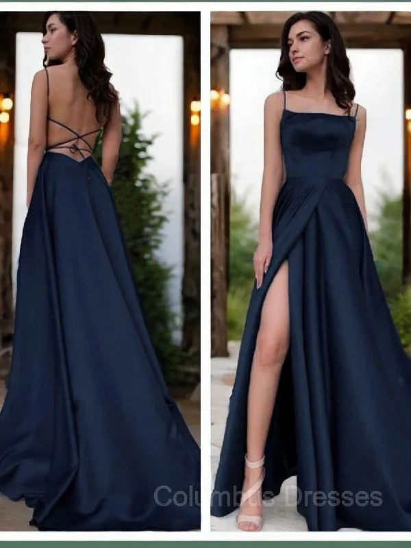 A-Line/Princess Spaghetti Straps Sweep Train Satin Prom Dresses With Leg Slit Street style unclassified dresses