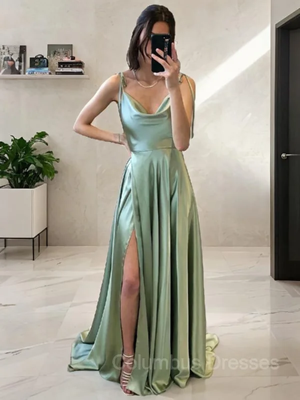 A-Line/Princess Spaghetti Straps Sweep Train Silk like Satin Prom Dresses With Leg Slit Spring unclassified dresses