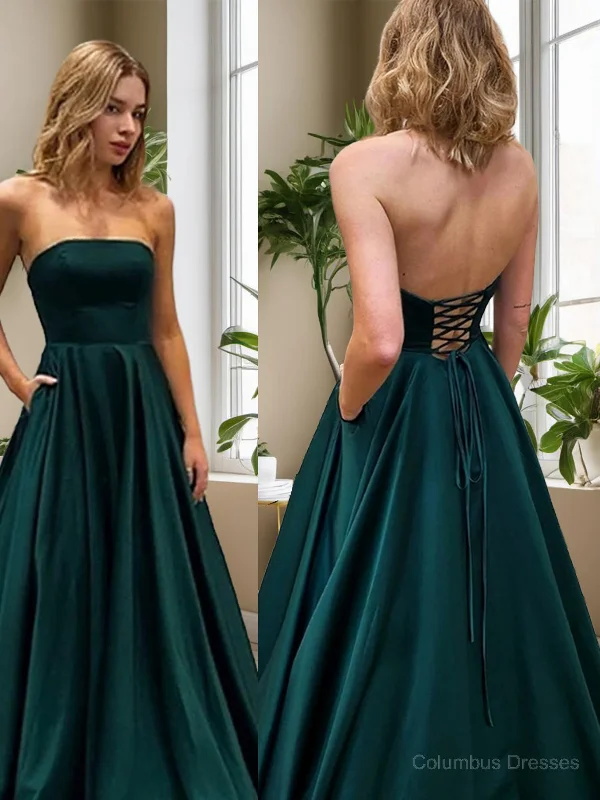 A-Line/Princess Strapless Sweep Train Satin Evening Dresses With Pockets Graduation unclassified dresses