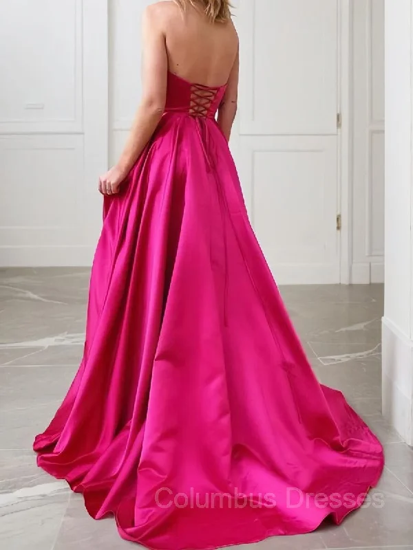 A-Line/Princess Strapless Sweep Train Satin Prom Dresses With Leg Slit Corset unclassified dresses