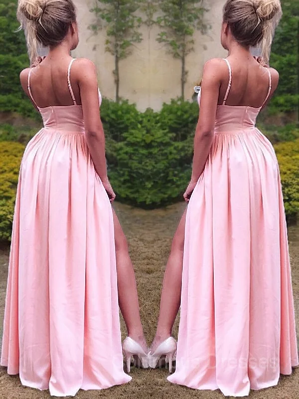 A-Line/Princess Straps Floor-Length Stretch Crepe Prom Dresses With Leg Slit Bright color unclassified dresses