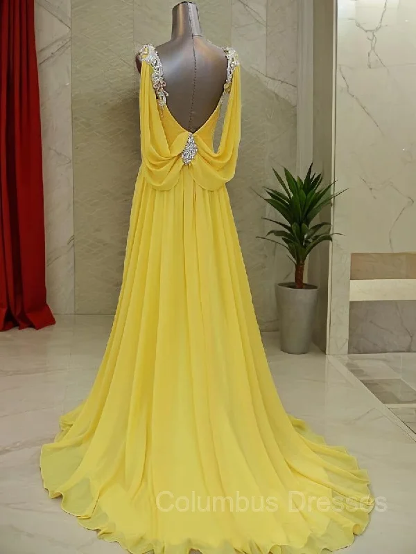 A-Line/Princess Straps Sweep Train Chiffon Prom Dresses With Beading Holiday unclassified dresses