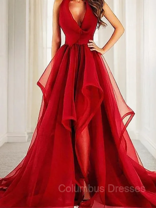 A-Line/Princess V-neck Court Train Organza Evening Dresses With Ruffles Dark color unclassified dresses