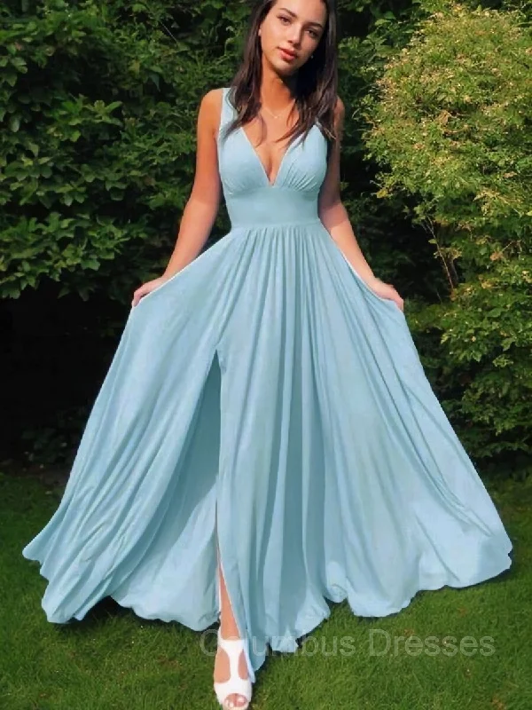 A-Line/Princess V-neck Floor-Length Jersey Prom Dresses With Leg Slit Dark color unclassified dresses