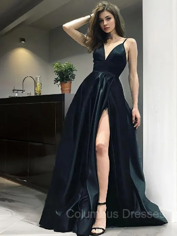 A-Line/Princess V-neck Floor-Length Satin Prom Dresses With Leg Slit Denim unclassified dresses