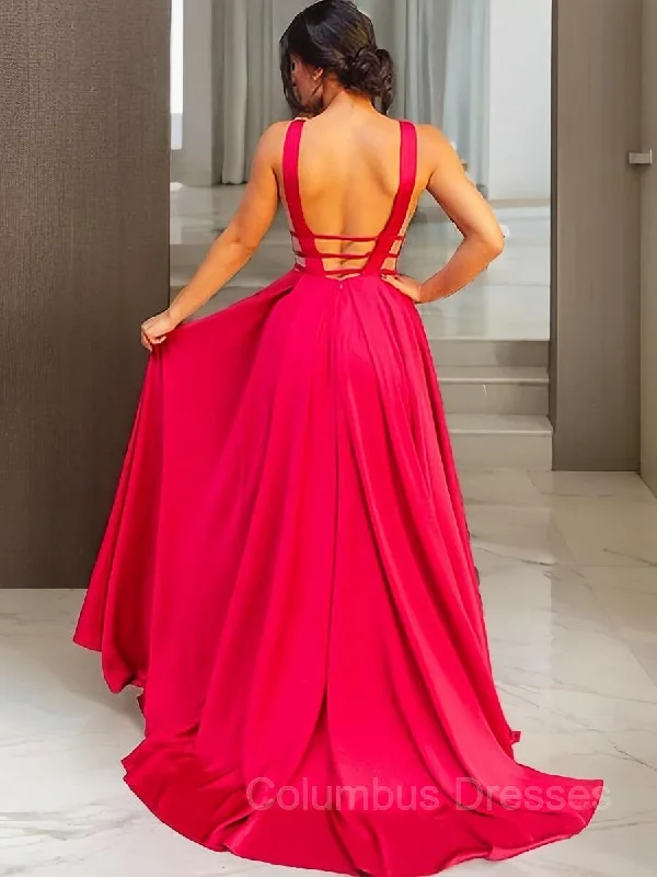 A-Line/Princess V-neck Sweep Train Elastic Woven Satin Evening Dresses With Ruffles Sleeveless unclassified dresses