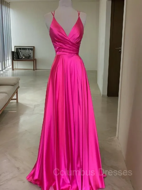 A-Line/Princess V-neck Sweep Train Elastic Woven Satin Prom Dresses Satin unclassified dresses