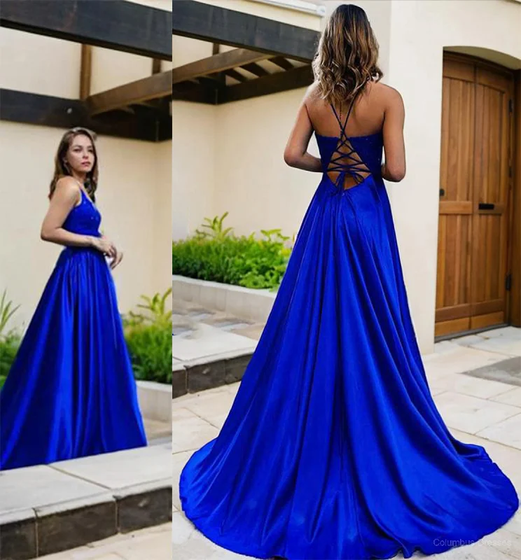 A-Line/Princess V-neck Sweep Train Elastic Woven Satin Prom Dresses With Pockets Holiday unclassified dresses