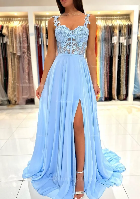 A-line Sweetheart Sleeveless Sweep Train Chiffon Prom Dress With Appliqued Split Party unclassified dresses