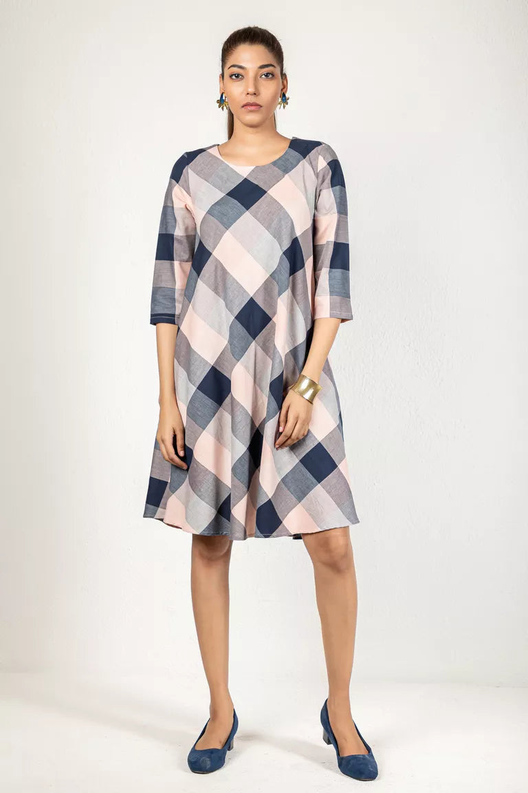 Baby Pink & Navy Blue Cotton Checked Dress Wrap unclassified dresses