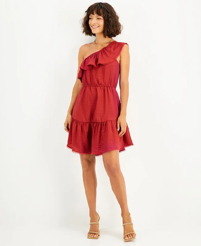 Bar III Women's One Shoulder Ruffled Hem Dress Red Size X-Large Fall unclassified dresses