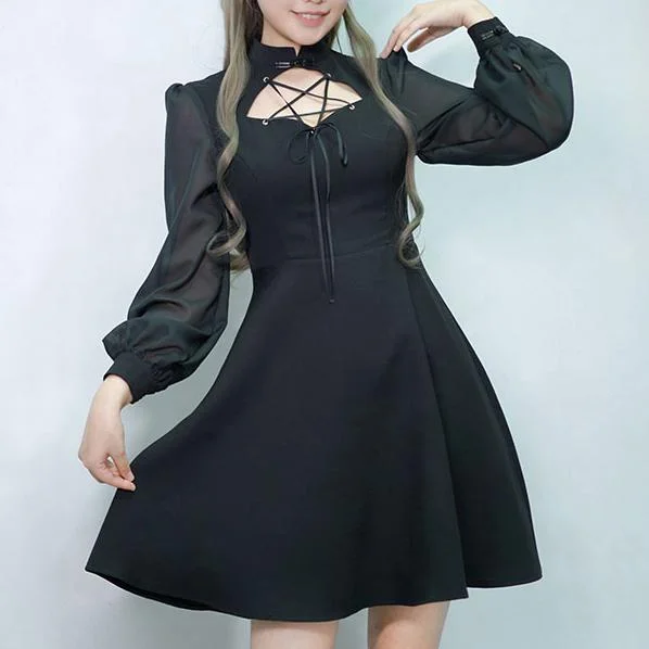 Black See through lantern Sleeve Pentagram Open Chest Dress SD00346 Casual unclassified dresses