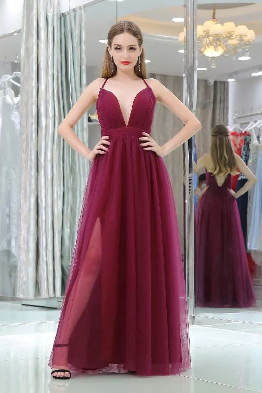 Burgundy A Line Floor Length Deep V Neck Sleeveless Side Slit Corset Prom Dresses outfit Satin unclassified dresses