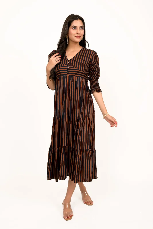 Coffee Brown And Navy Striped Calf Length Dress High-end unclassified dresses