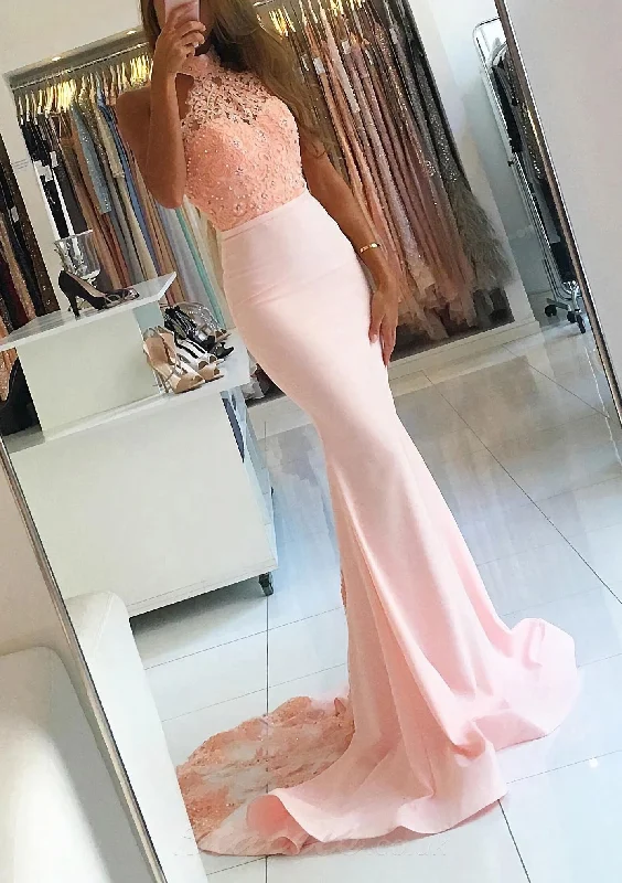 Elastic Satin Court Train Trumpet/Mermaid Sleeveless Halter Covered Button Corset Prom Dress With Beaded outfit Bold pattern unclassified dresses