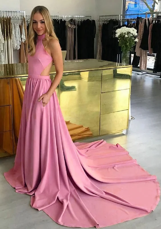 Elastic Satin Corset Prom Dress A-Line/Princess High-Neck Chapel Train With Pleated Gowns Bright color unclassified dresses