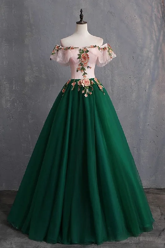 Green Off the Shoulder Floor Length Corset Prom Dress with Appliques, Puffy Quinceanera Dress outfit Earthy tone unclassified dresses