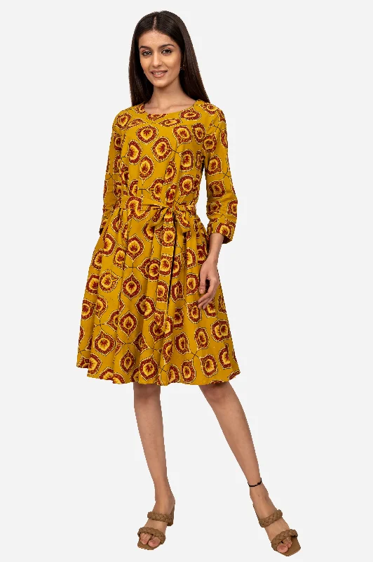 Mustard ajrakh flared dress Soft fabric unclassified dresses