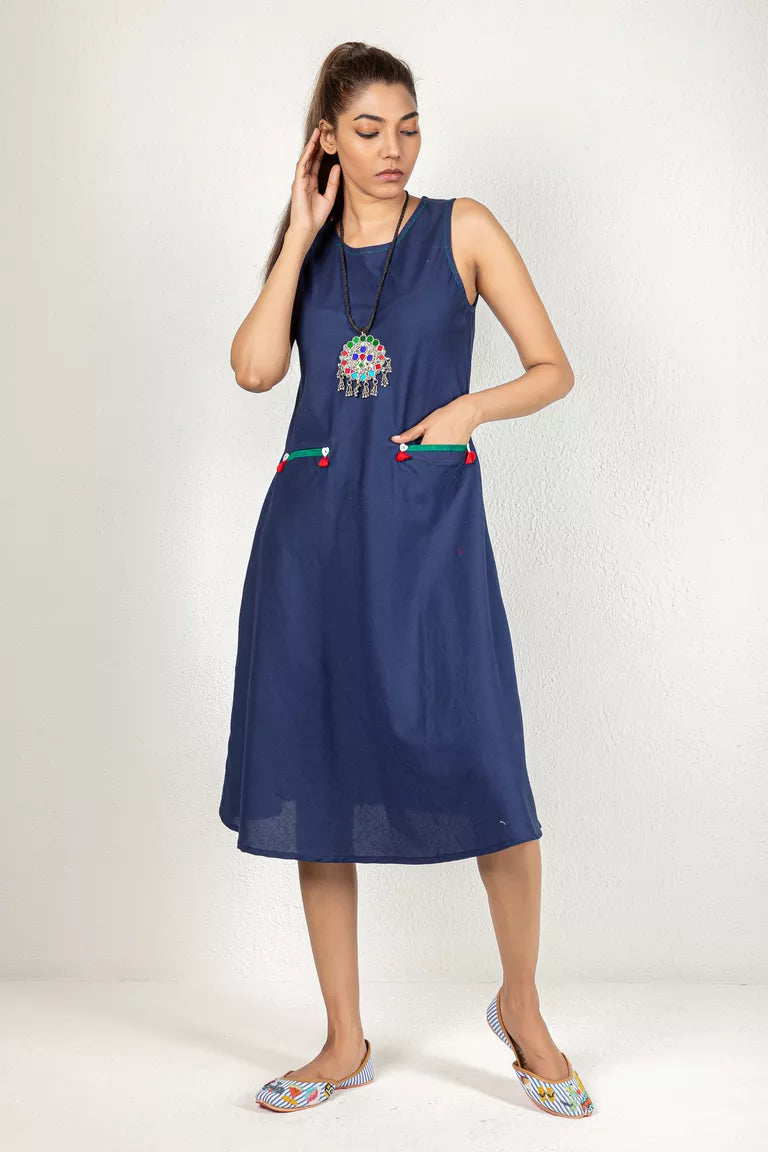 Navy Blue Color Cotton Dress Beaded unclassified dresses