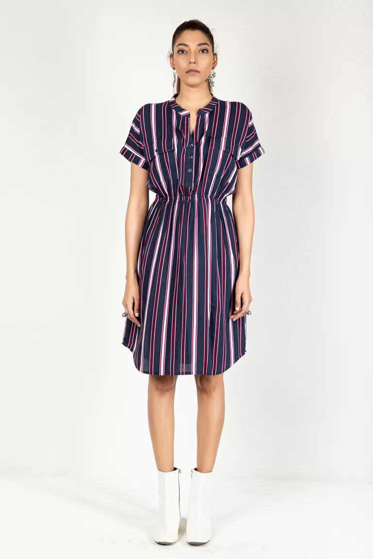 Navy Blue With Red  White Striped Dress One-shoulder unclassified dresses