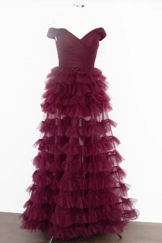 Off the Shoulder Burgundy Pleated Sheer Tiered Prom Dress Fashionable unclassified dresses