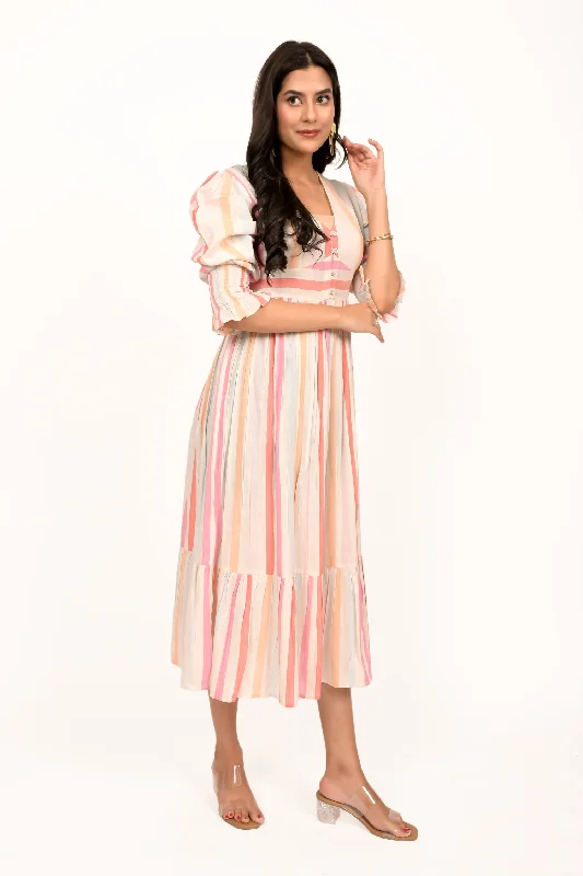 Pastel Multicoloured Striped Calf Length Dress Wedding guest unclassified dresses