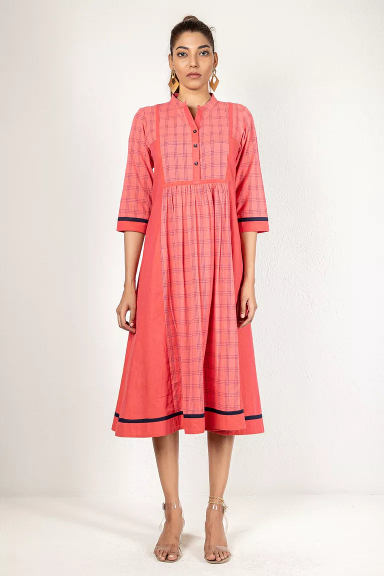 Pink & Deep Blue Woven Checked Kurta Dress Cotton unclassified dresses