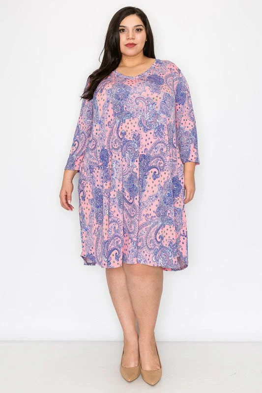 Pink Purple Paisley V Neck Dress w Pockets Preppy unclassified dresses