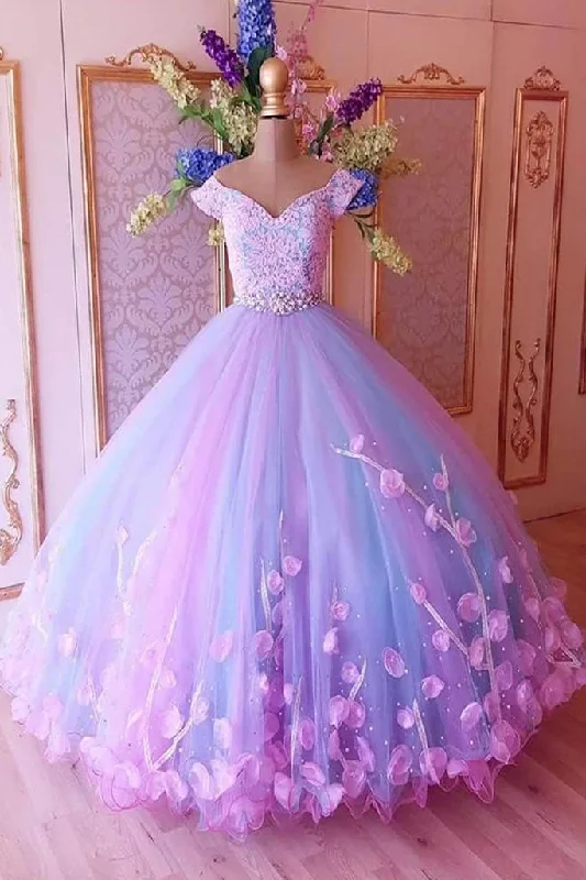 Princess Pink and Blue Corset Ball Gown Corset Prom Dresses with Flowers, Quinceanera Dresses outfit Vacation unclassified dresses