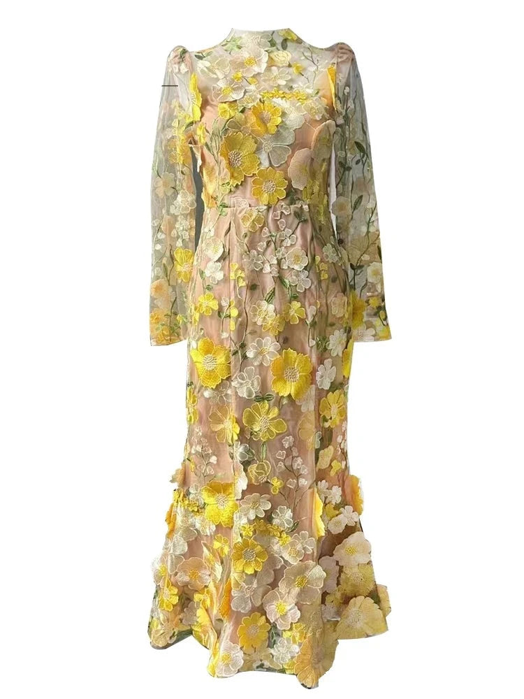 Elegant Runway High Quality Embroidery Yellow Flower Vintage Mesh Dress Women's unclassified dresses