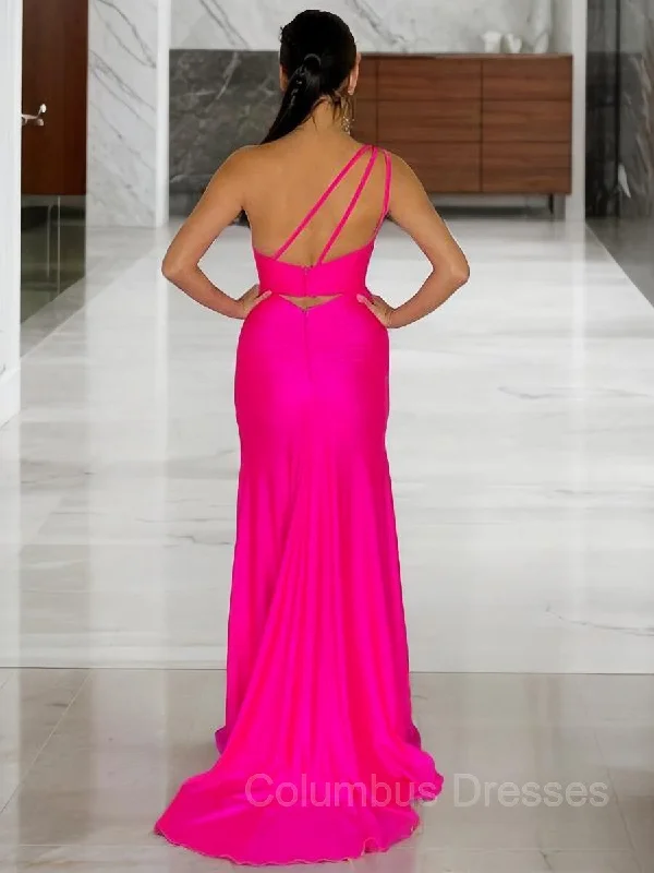 Sheath/Column One-Shoulder Sweep Train Elastic Woven Satin Prom Dresses With Leg Slit Sequin unclassified dresses