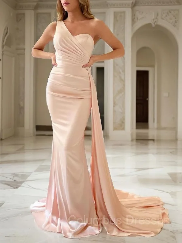 Sheath/Column One-Shoulder Sweep Train Silk like Satin Prom Dresses With Ruffles Office unclassified dresses