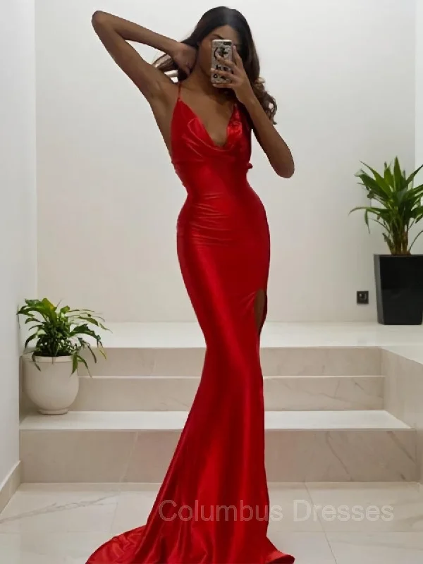 Sheath/Column V-neck Sweep Train Silk like Satin Prom Dresses With Leg Slit Ruched unclassified dresses