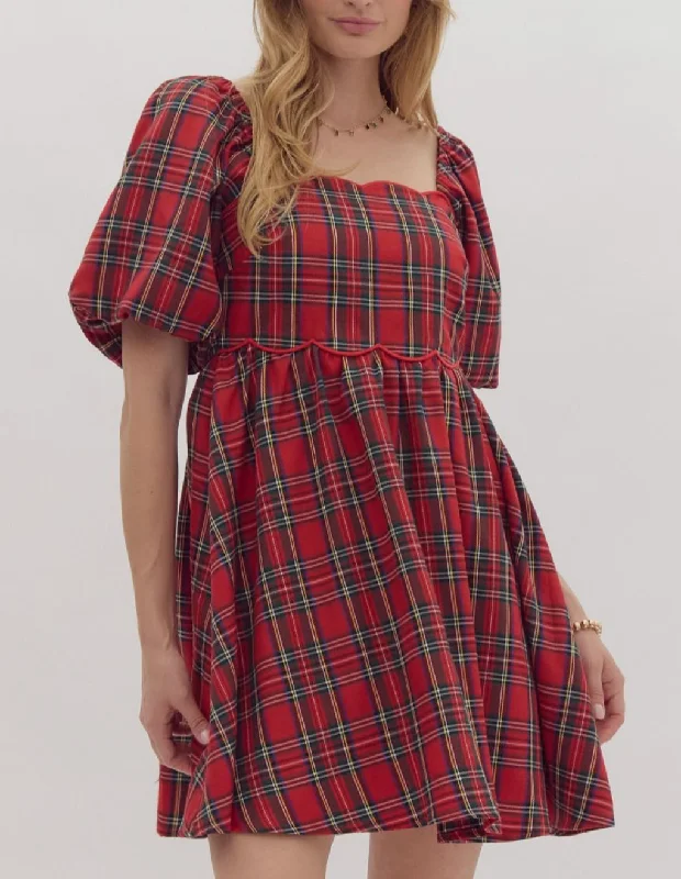 The Holly Scalloped Plaid Dress in Red Popular unclassified dresses