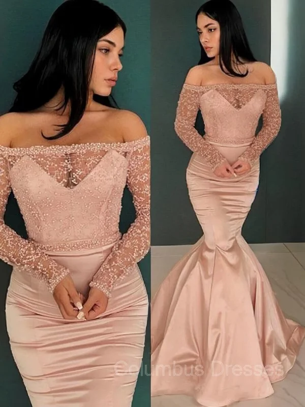 Trumpet/Mermaid Off-the-Shoulder Sweep Train Satin Evening Dresses Backless unclassified dresses