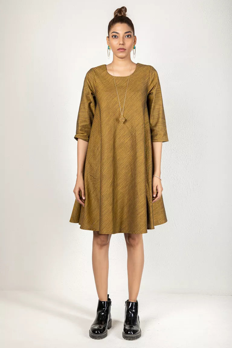 Two-Tone Yarn Dyed Mustard Cotton Dress Breathable unclassified dresses