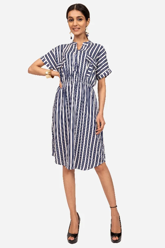 White & Blue Striped Viscose Dress One-shoulder unclassified dresses