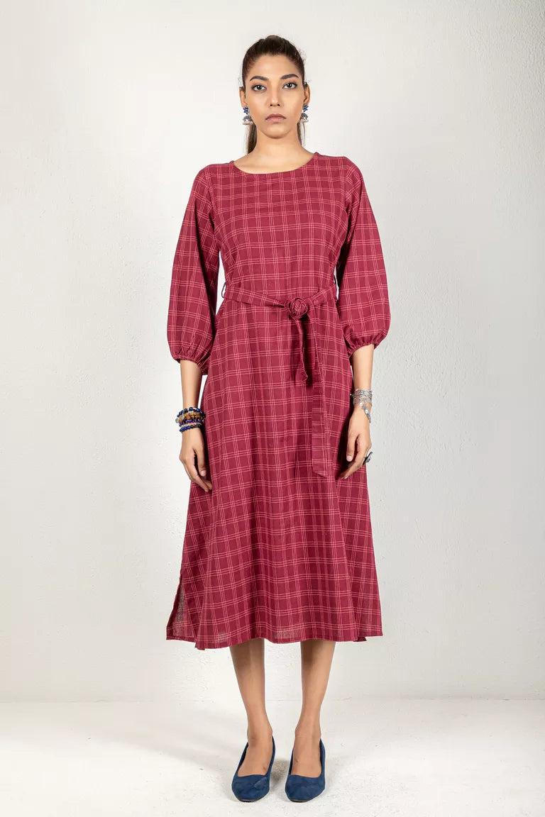 Wine-Colored Woven Checked Dress One-shoulder unclassified dresses