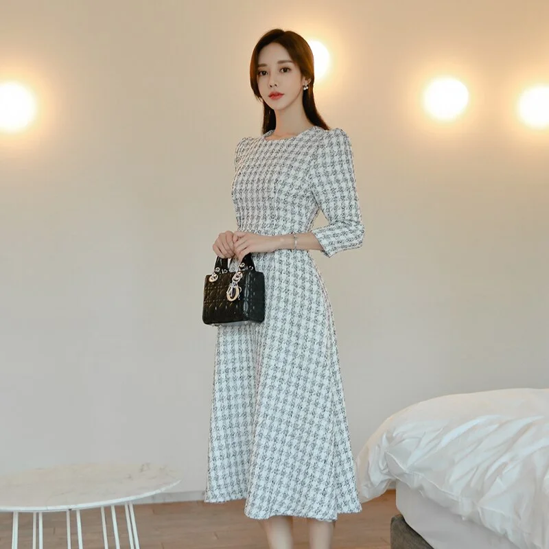 Women's Spring/Autumn Casual O-Neck Puff-Sleeved A-Line Dress Bodycon unclassified dresses