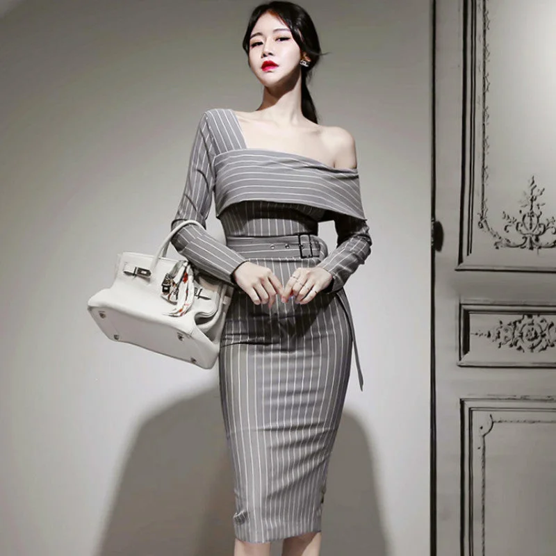 Women's Spring/Autumn One-Shoulder Sheath Striped Dress Tulle unclassified dresses