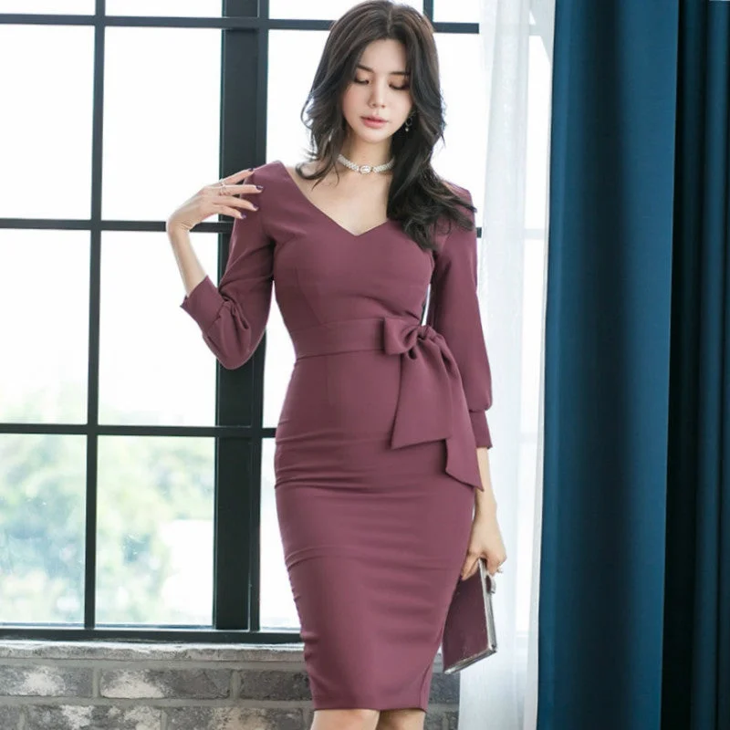 Women's Spring/Autumn V-Neck Sheath High-Waist Dress Long sleeve unclassified dresses