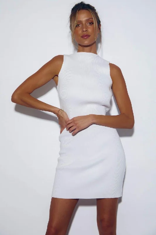 Misha Ribbed Mini Dress - White Mini Skirt with Belt