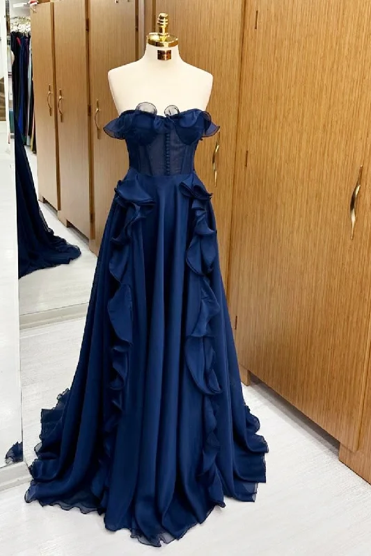 A Line Navy Blue Corset Ruffle Maxi Prom Dress Vintage Maxi Skirt