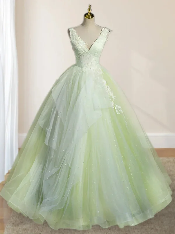 A-Line V Neck Tulle Sage Green Long Prom Quinceanera Dresses Boho Maxi Skirt