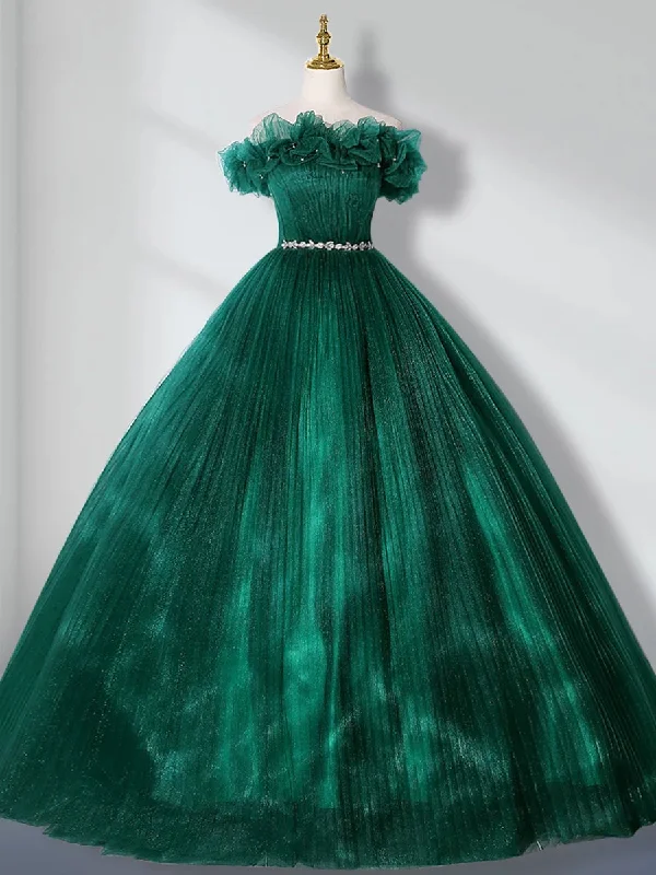 Green Off Shoulder Tulle Long Quinceanera Dresses Flowing Maxi Skirt