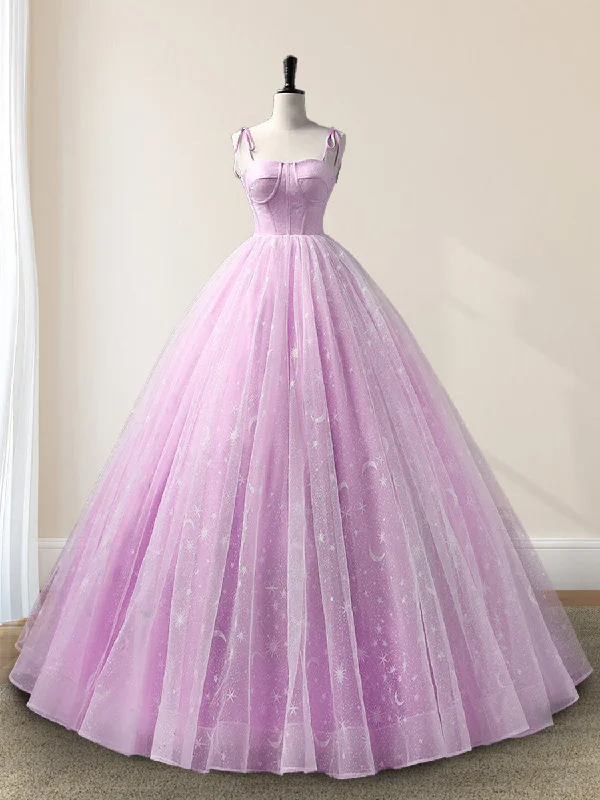 Lilac A-Line Tulle Long Sleeveless Quinceanera Dresses Ruffle Long Maxi