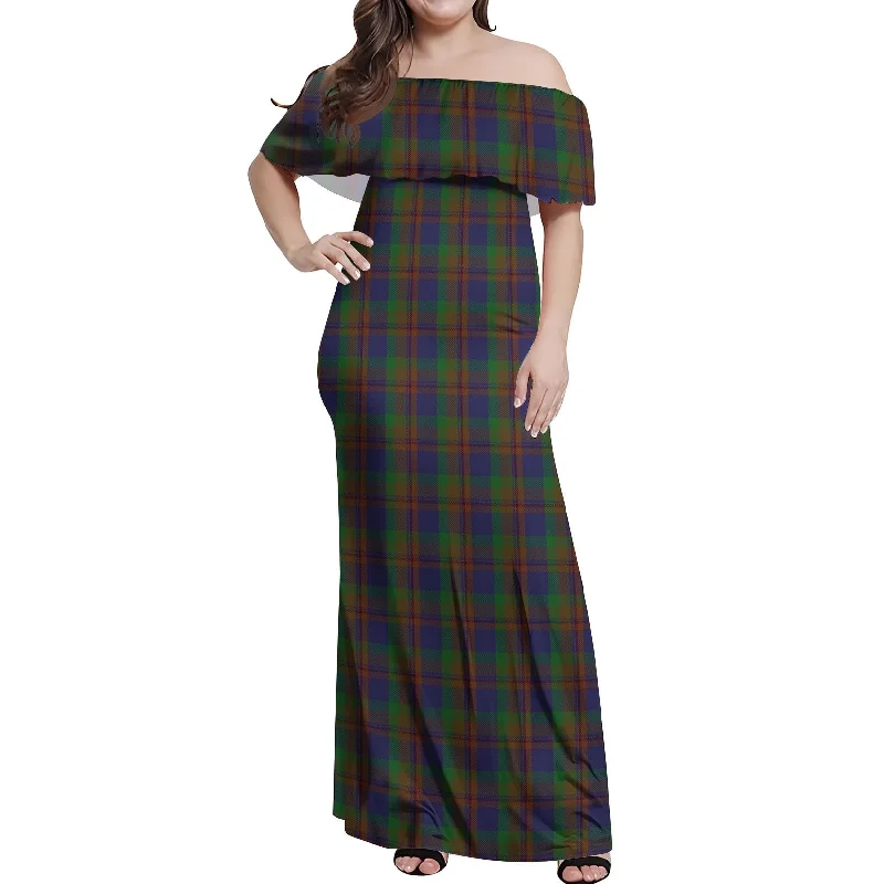 Mann Tartan Off Shoulder Long Dress Soft Flow Maxi