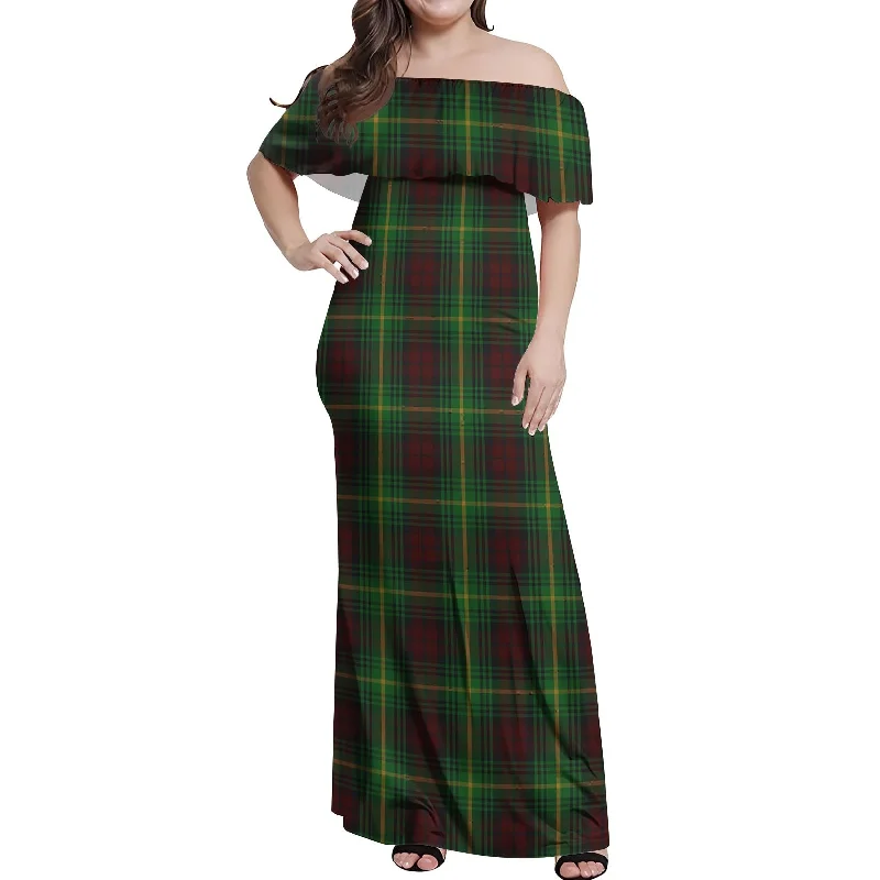 Martin Tartan Off Shoulder Long Dress Satin Maxi Skirt