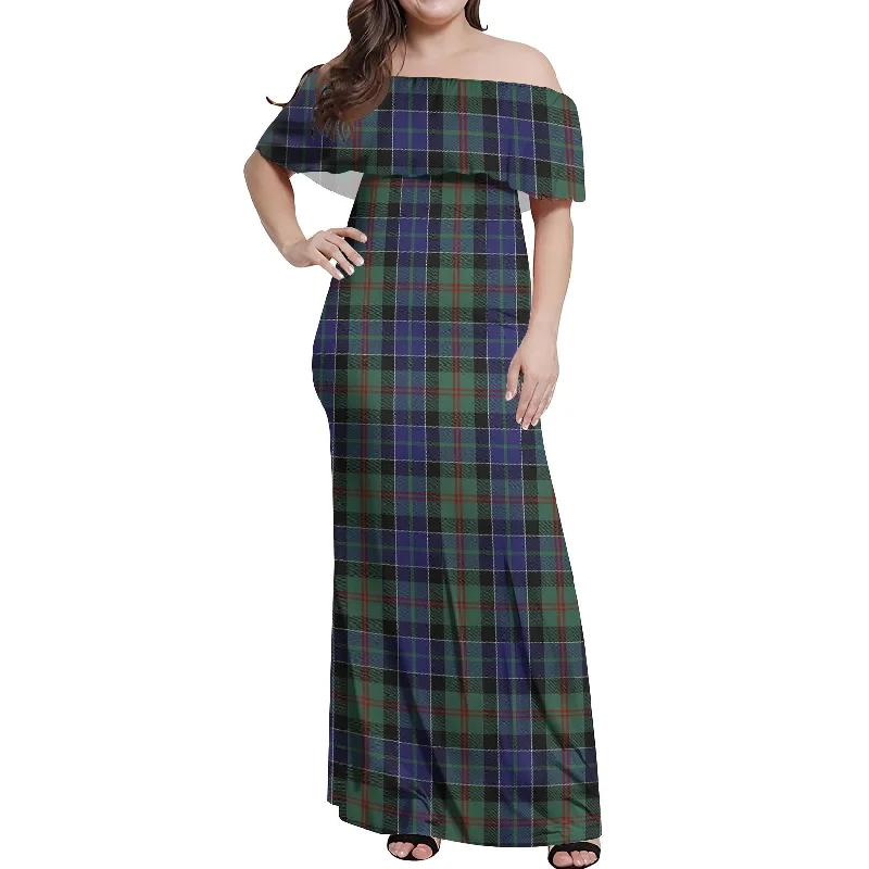 McFadzen #02 Tartan Off Shoulder Long Dress Pleated Maxi Skirt